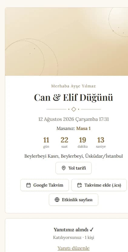 Davetiye — kapak fotoğrafı, geri sayım ve tek dokunuşla LCV.